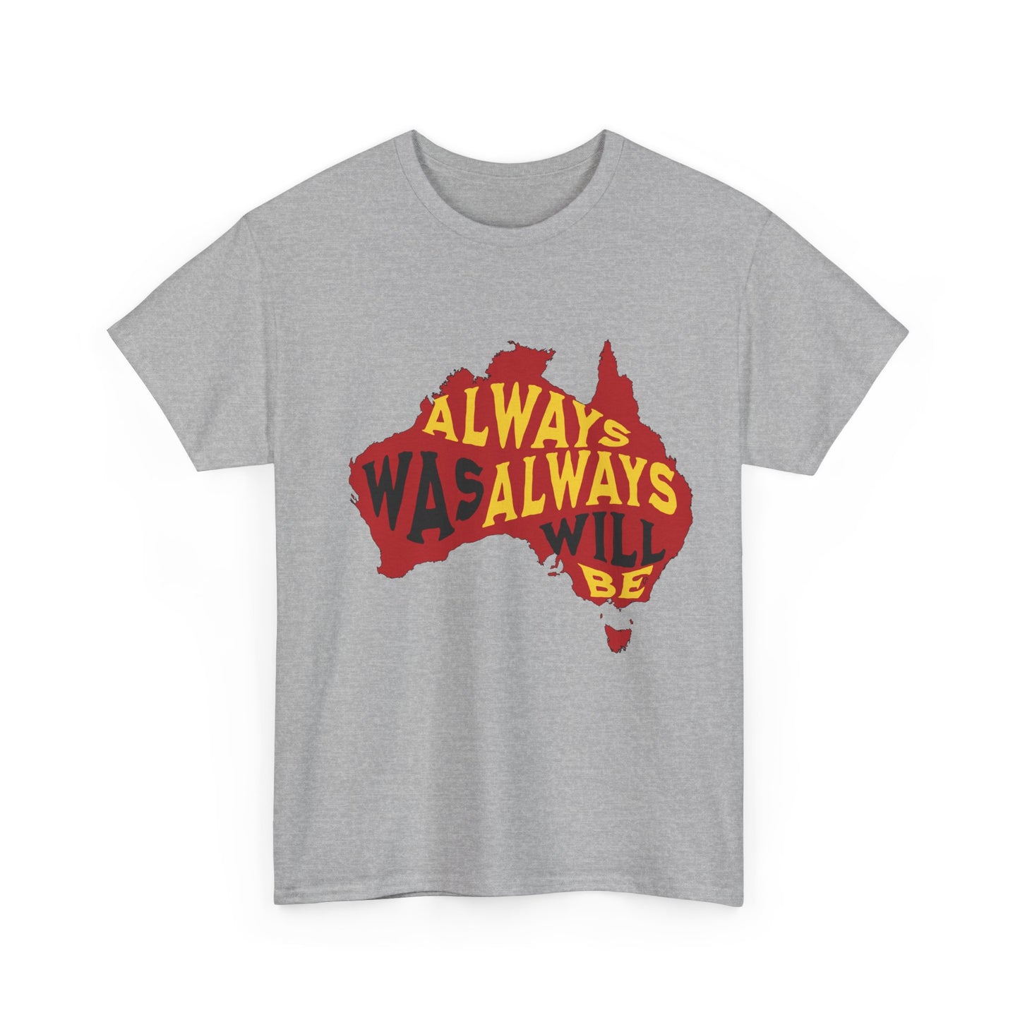Black shirt with Aboriginal design – Always was, Always will be, featuring Aussie outline