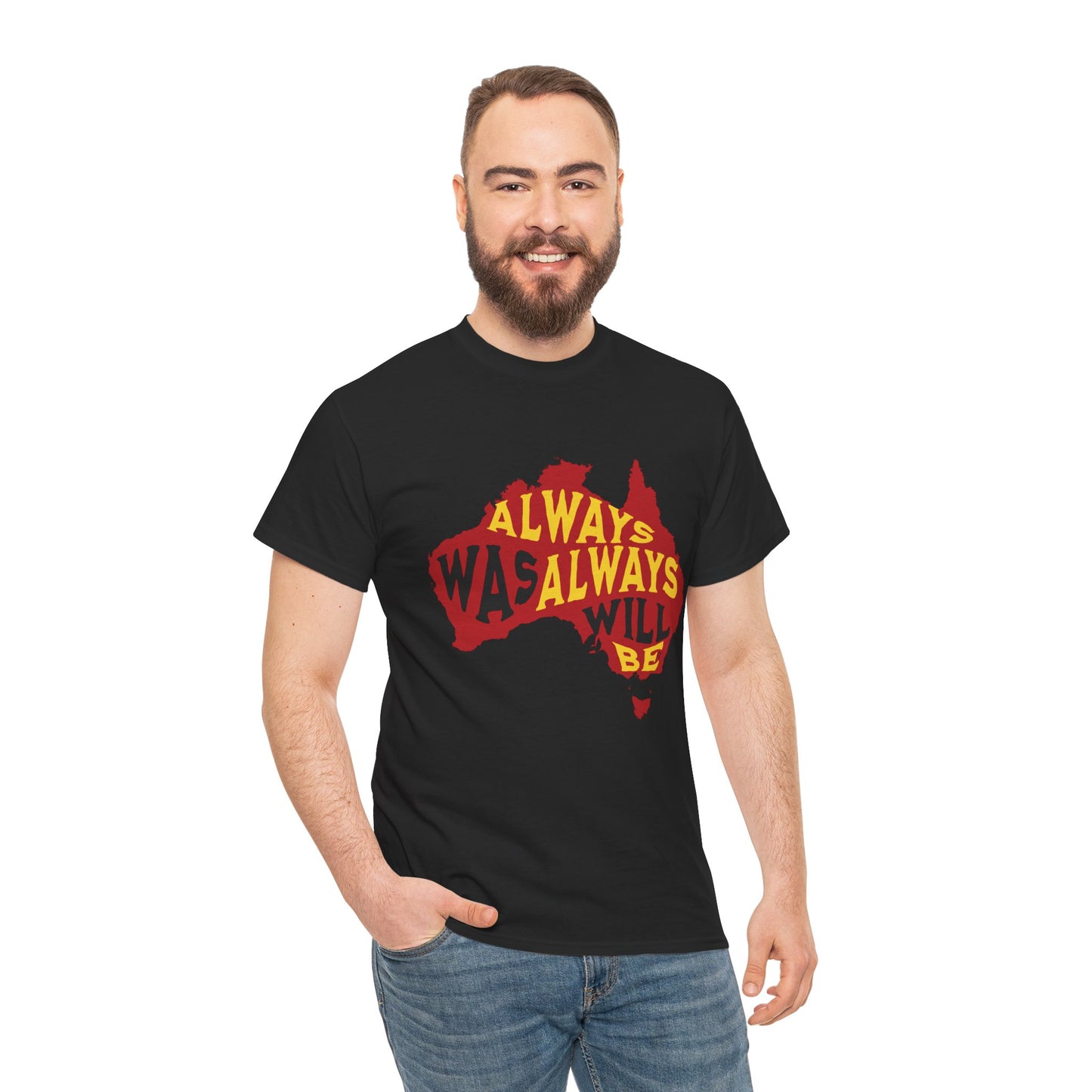 Aboriginal heritage shirt with red, yellow, black colours and map of Australia