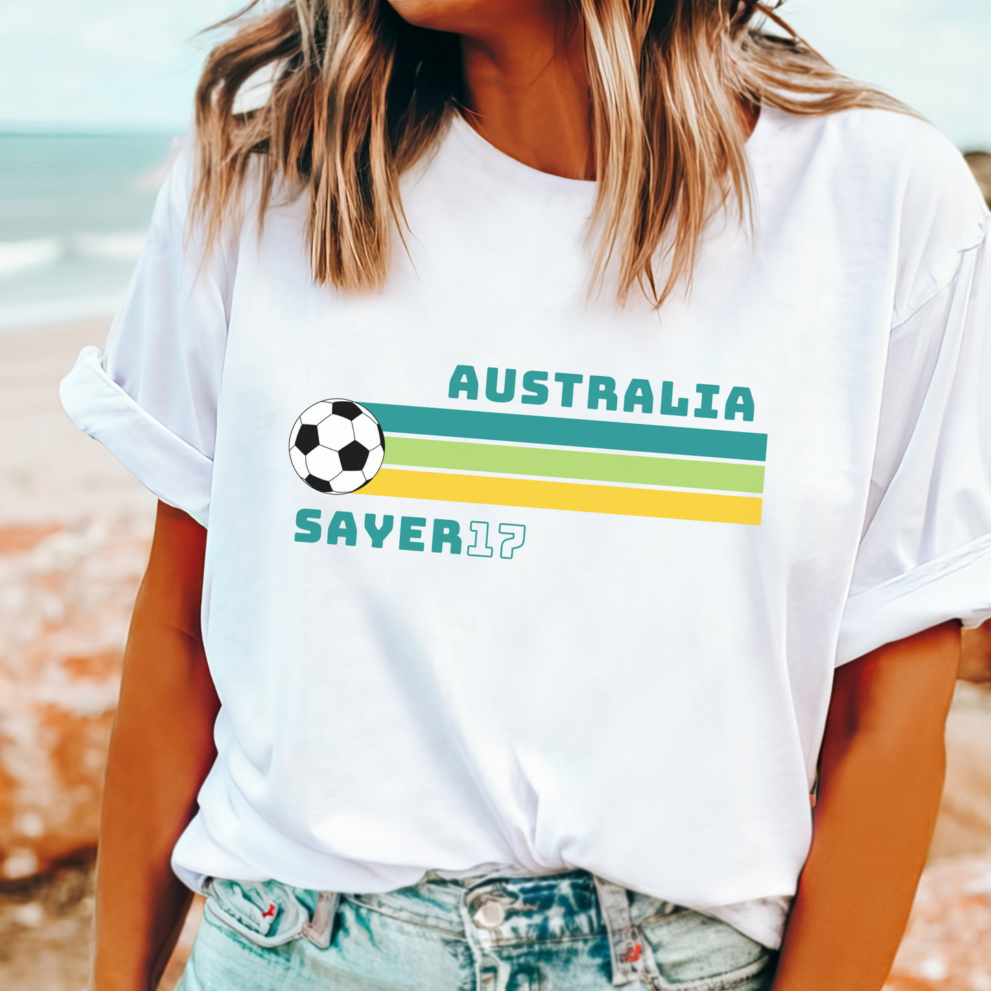 Retro Matildas t-shirt featuring Amy Sayer and number 17