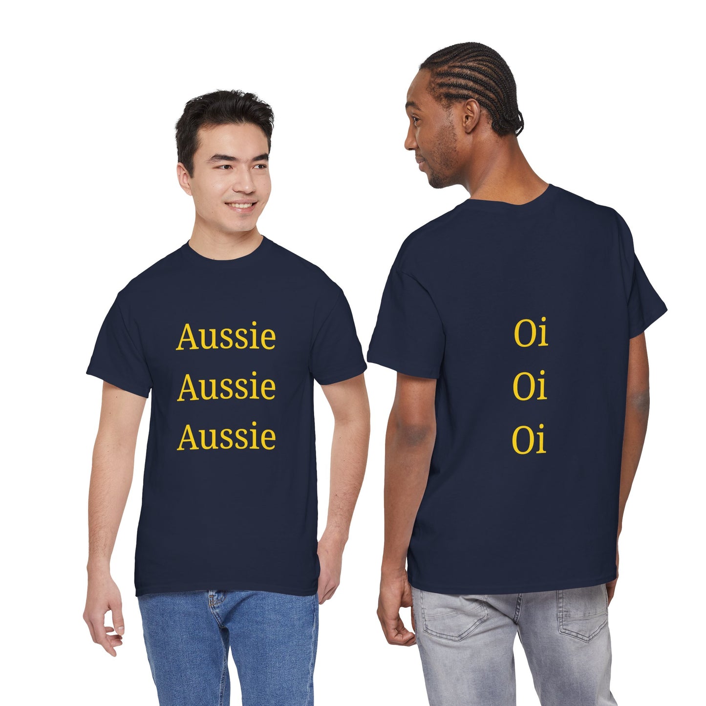 Crowd chant t-shirt with Aussie Aussie Aussie on front and Oi Oi Oi on back