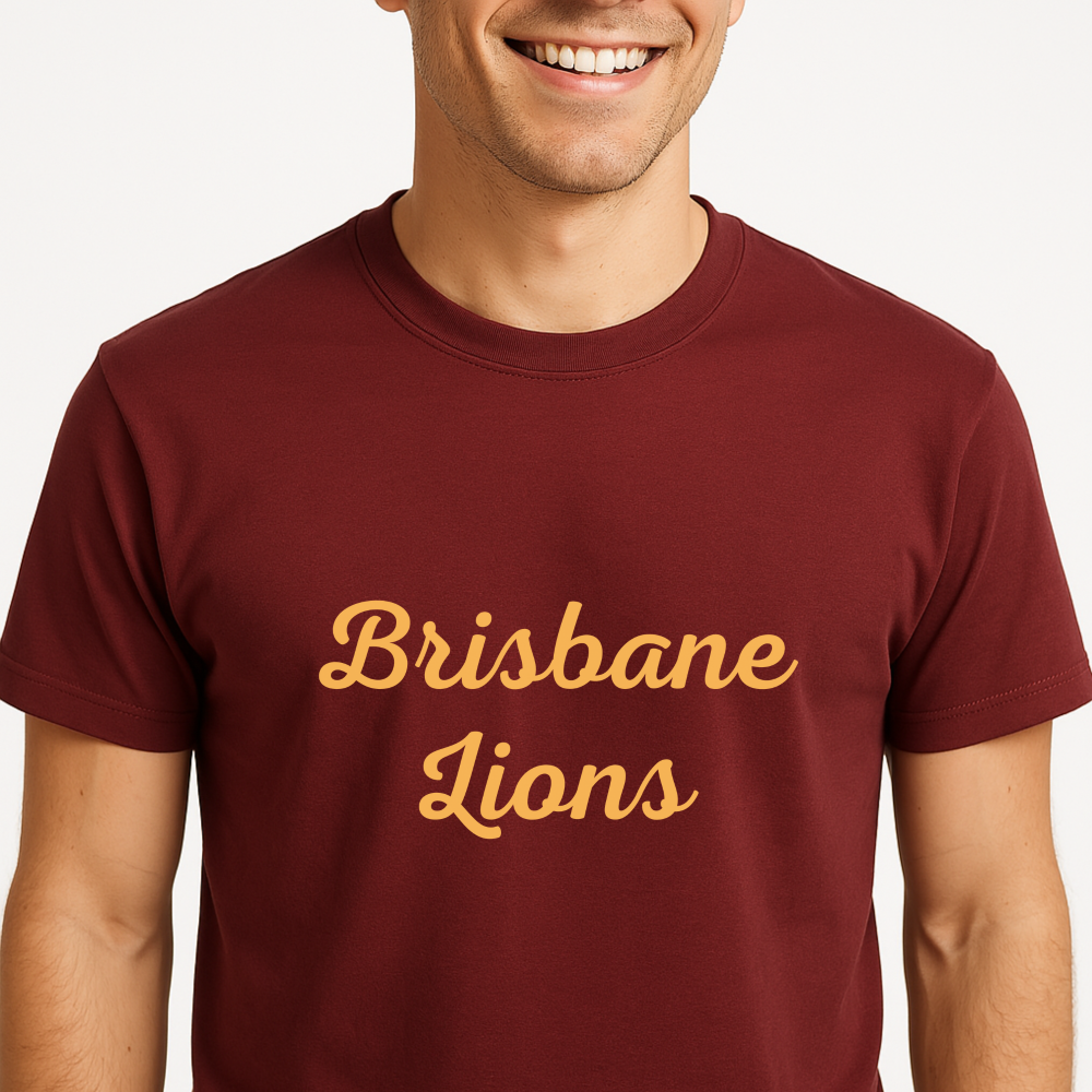 Man wearing a maroon t-shirt with 'Brisbane Lions' text
