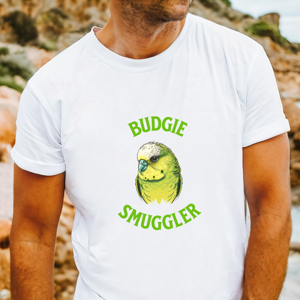 "Budgie Smuggler" Aussie slang t-shirt with cute budgie graphic