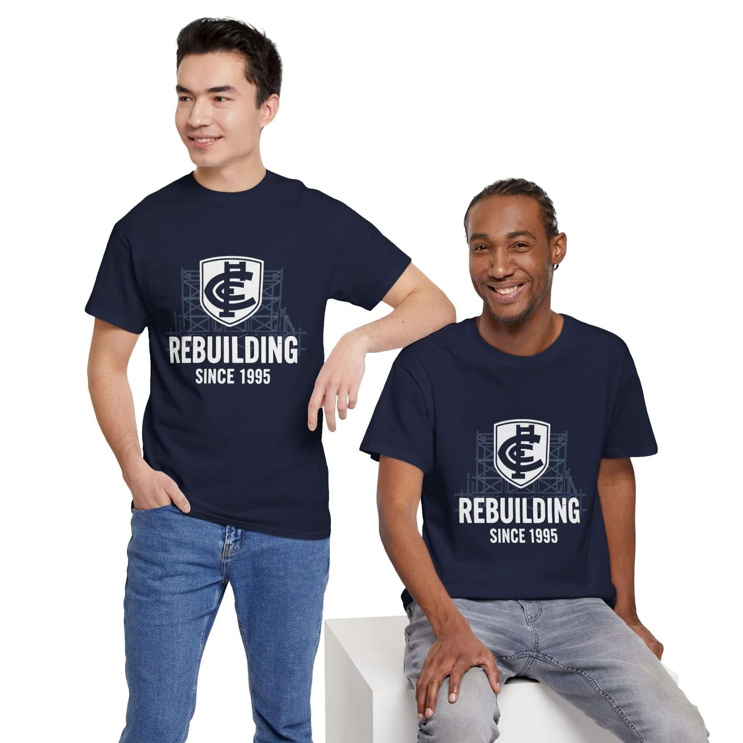 Carlton Blues supporters wearing Rebuilding Since 1995 AFL banter tees