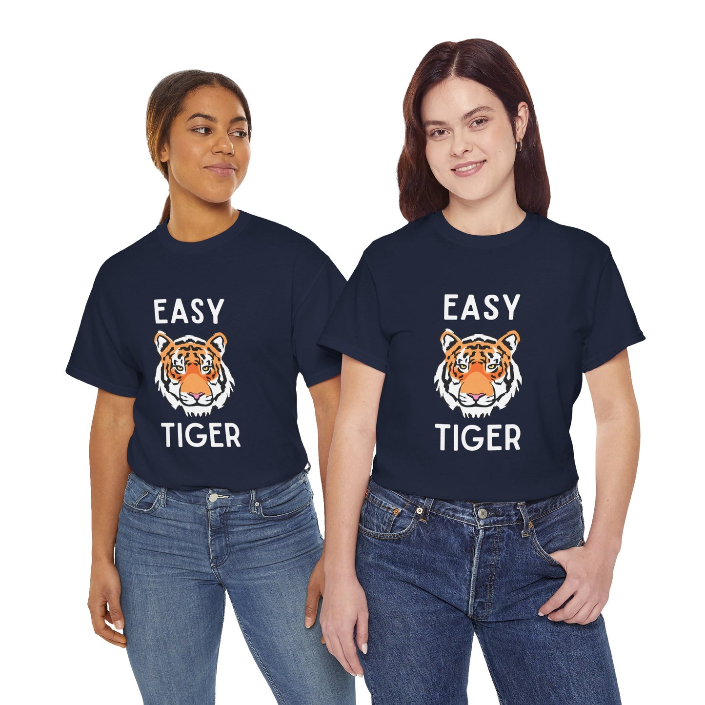 Pun t-shirt with playful "Easy Tiger" phrase and fierce tiger head