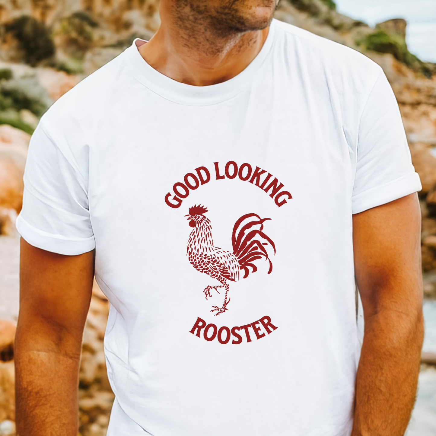 "Good Looking Rooster" Aussie slang t-shirt with bold text