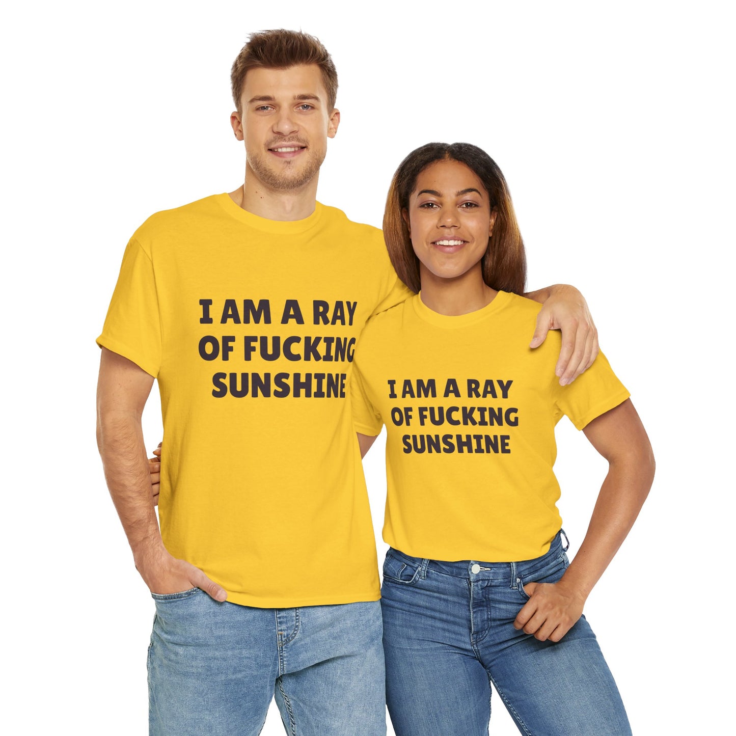 Sarcastic yellow t-shirt with bold slogan “I am a ray of sunshine” for cheeky everyday wear