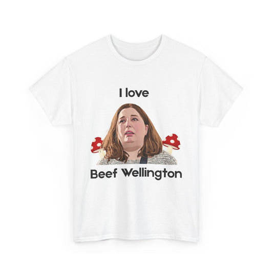 Erin Patterson satire t-shirt with 'I Love Beef Wellington' text