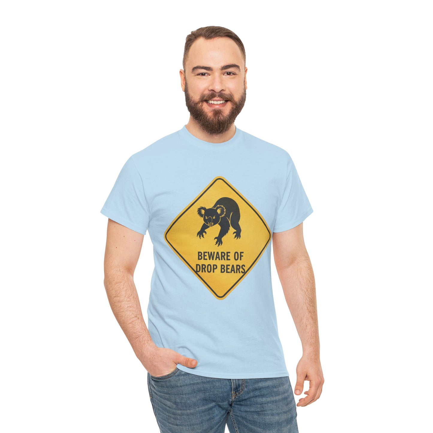 Australian humour novelty t-shirt with drop bear joke and aggressive koala road sign illustration