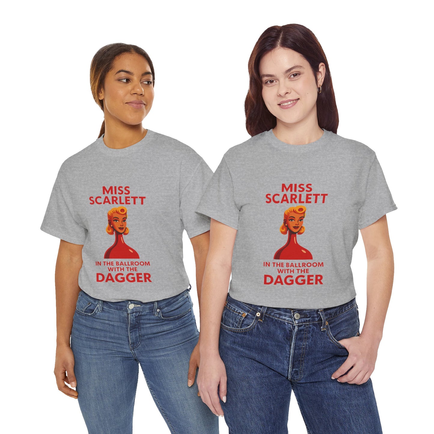 Playful Cluedo-themed t-shirt showcasing the iconic line "Miss Scarlett in the ballroom with the dagger" in a retro design.