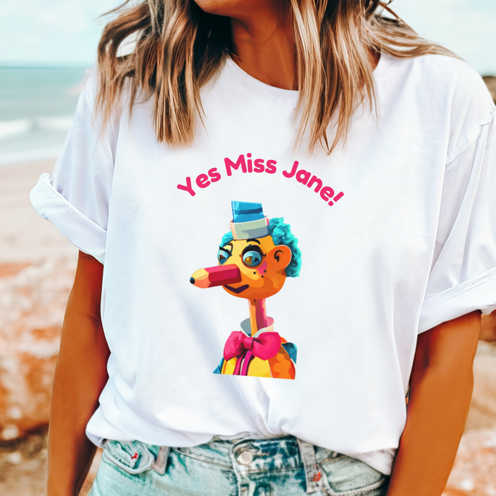 Retro Mr. Squiggle T-shirt with “Yes Miss Jane” text – perfect gift for Aussie 80s kids and ABC TV fans