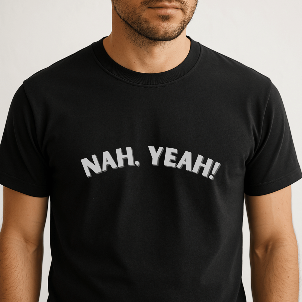 Aussie slang “Nah Yeah” t-shirt – classic Australian phrase on a casual, comfy tee for laid-back style.
