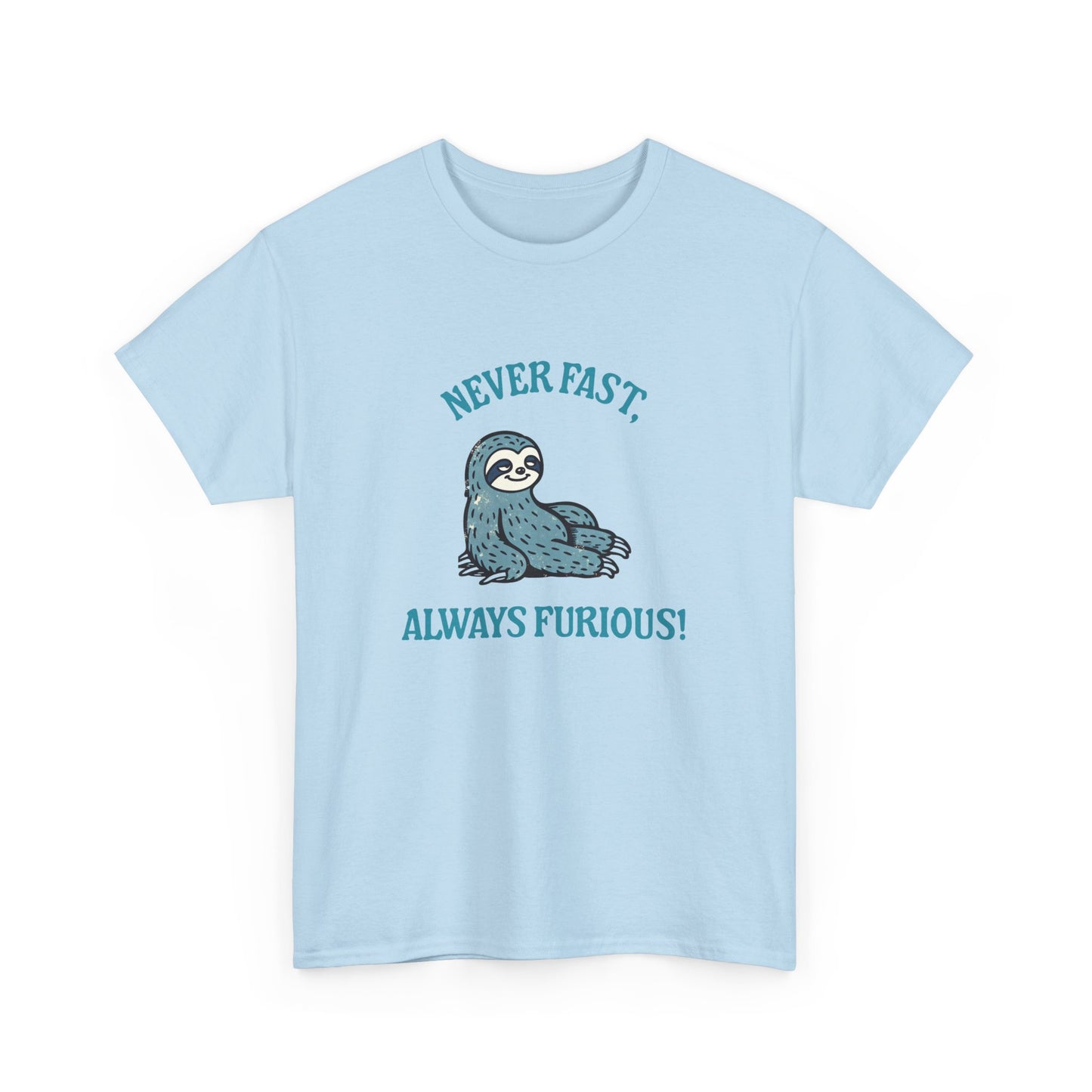 Humorous sloth meme t-shirt with slow and steady slogan