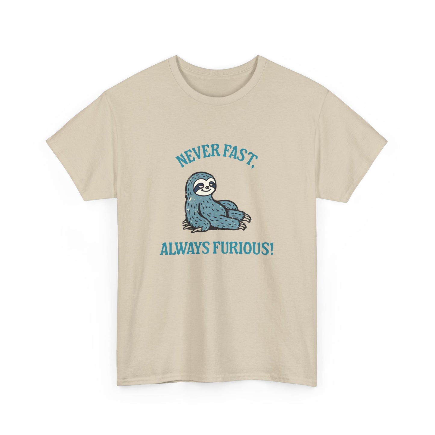 “Never fast, always furious” sloth cartoon t-shirt for laid-back vibes