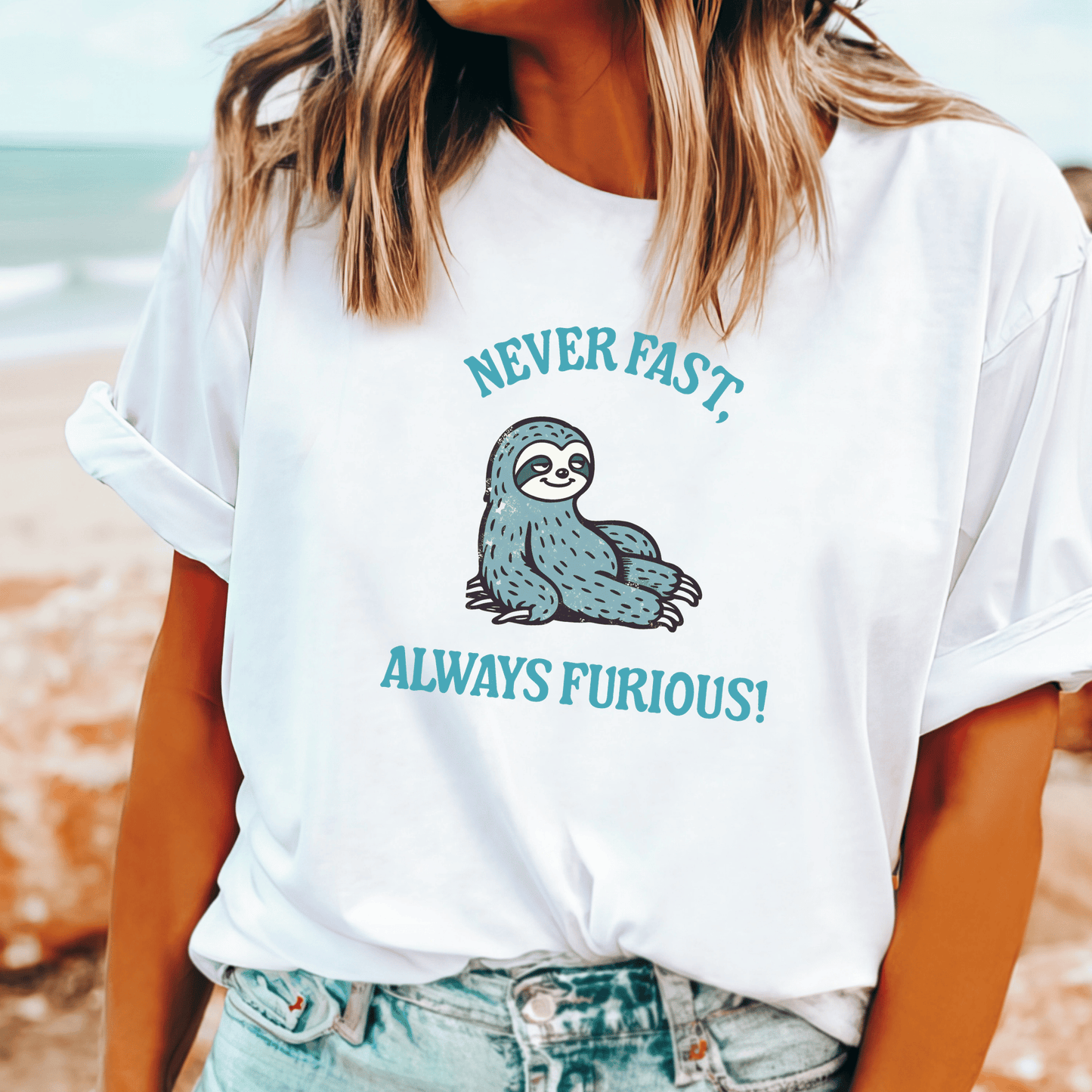 Cartoon sloth meme t-shirt with “Never fast, always furious” slogan