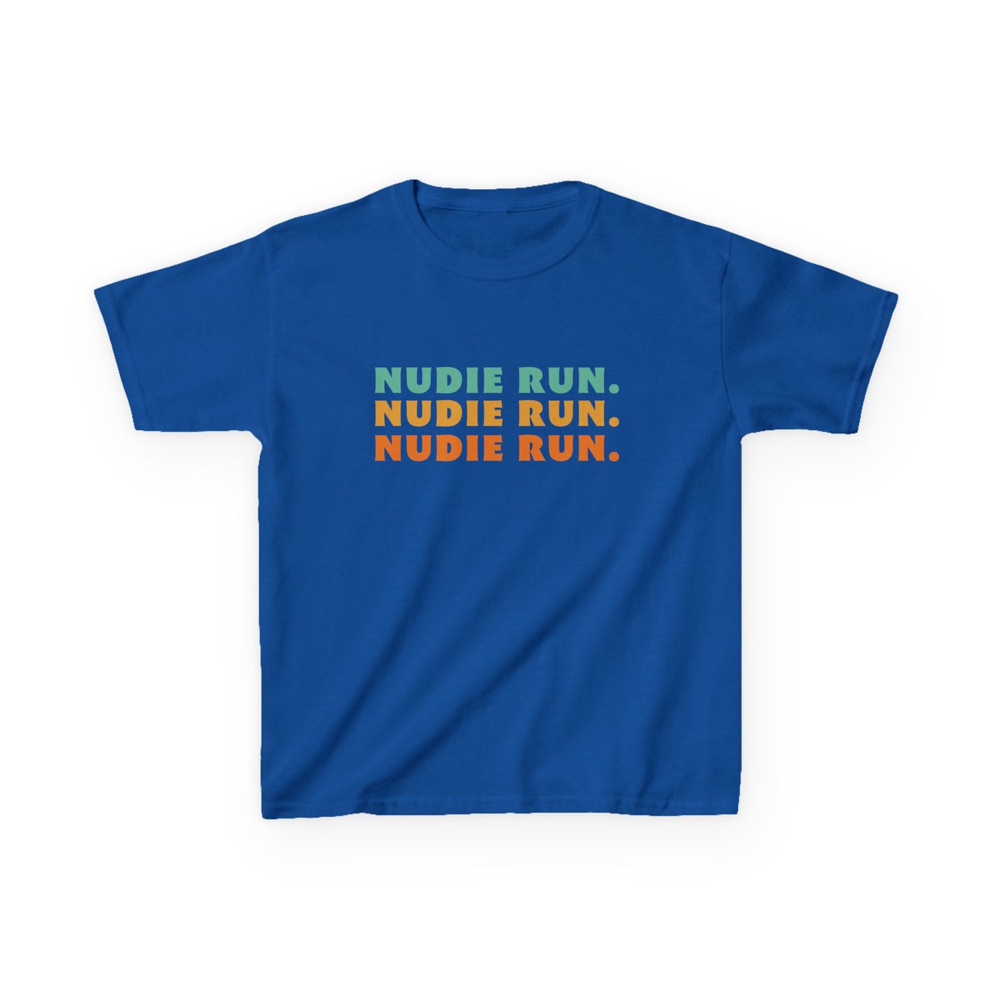 Unisex kids tee featuring the phrase Rudie Nudie in vibrant colours