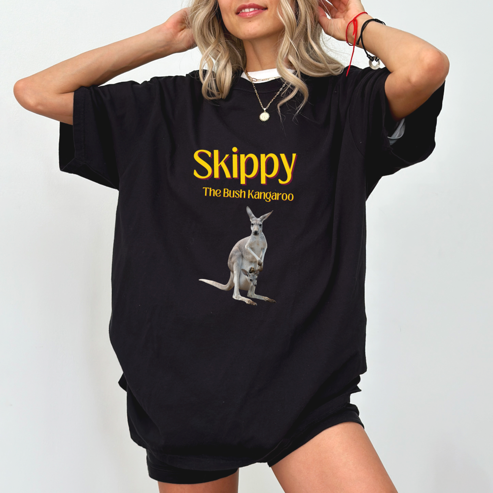 "Skippy the Bush Kangaroo" t-shirt with illustrated kangaroo graphic