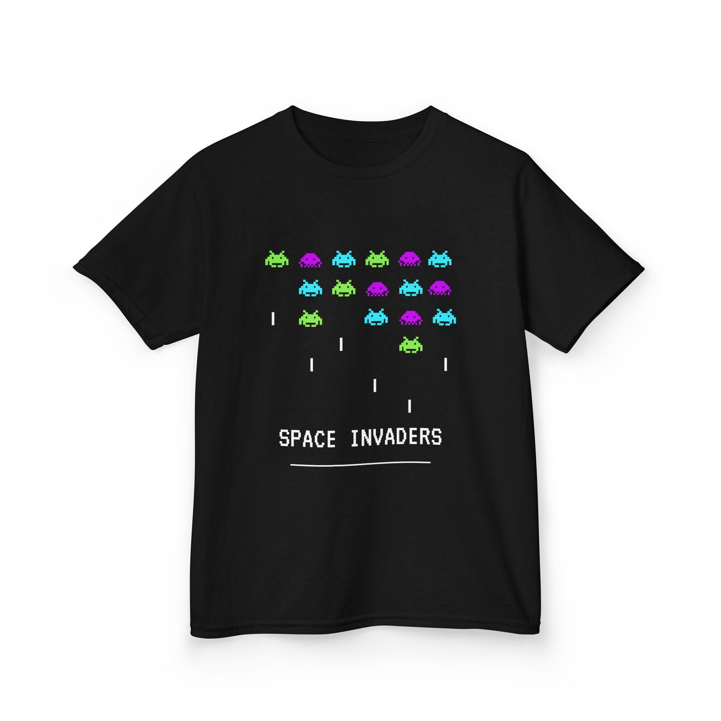Retro gaming tee for kids featuring Space Invaders design