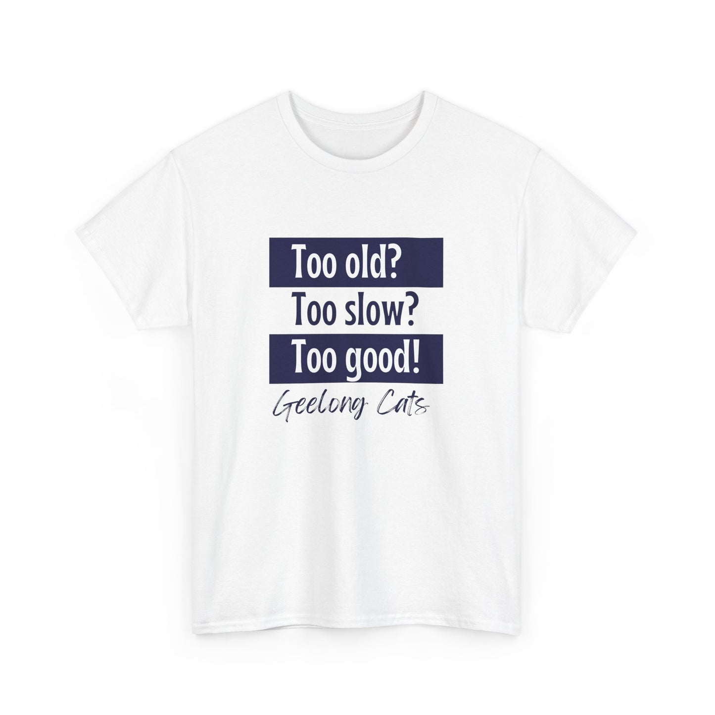 Blue and white Geelong supporter tee with iconic finals chant design