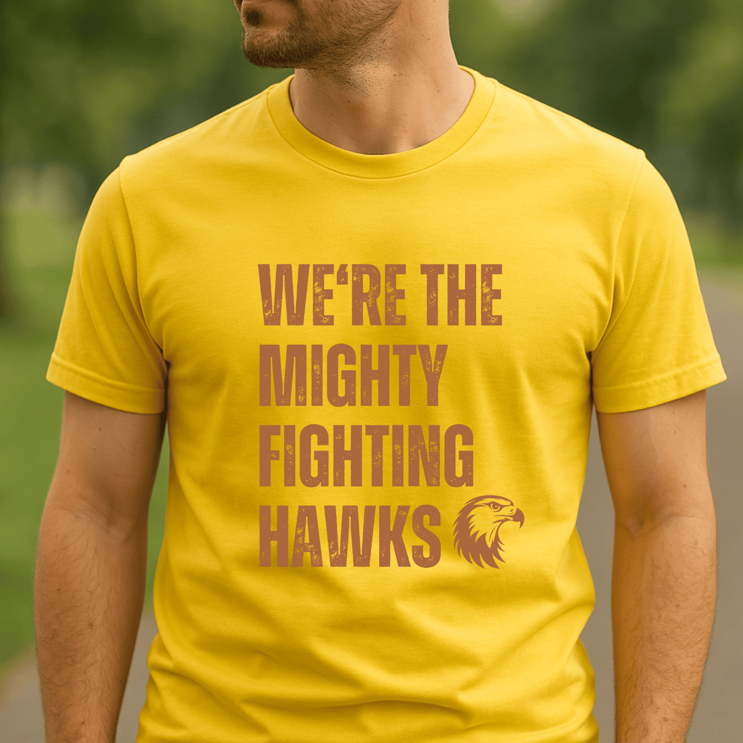 Hawthorn Hawks fans yellow and brown t-shirt with team song on