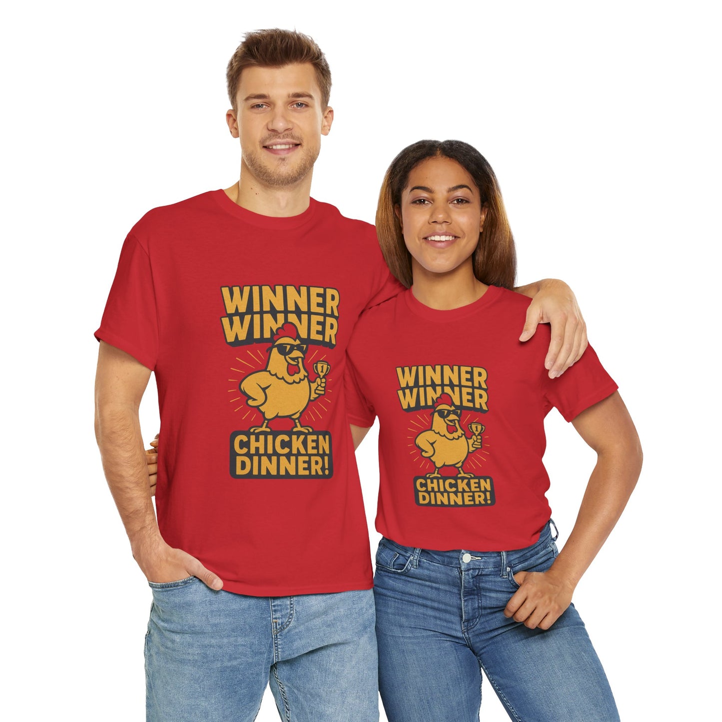 Funny Aussie tee featuring a cartoon chicken and Winner Winner Chicken Dinner slogan
