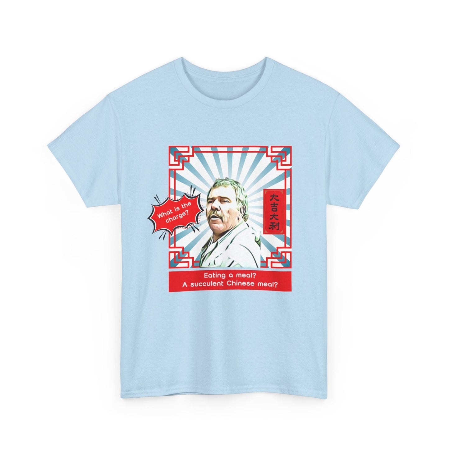 Classic Australian meme shirt—'A Succulent Chinese Meal' with cartoon Democracy Manifest man.