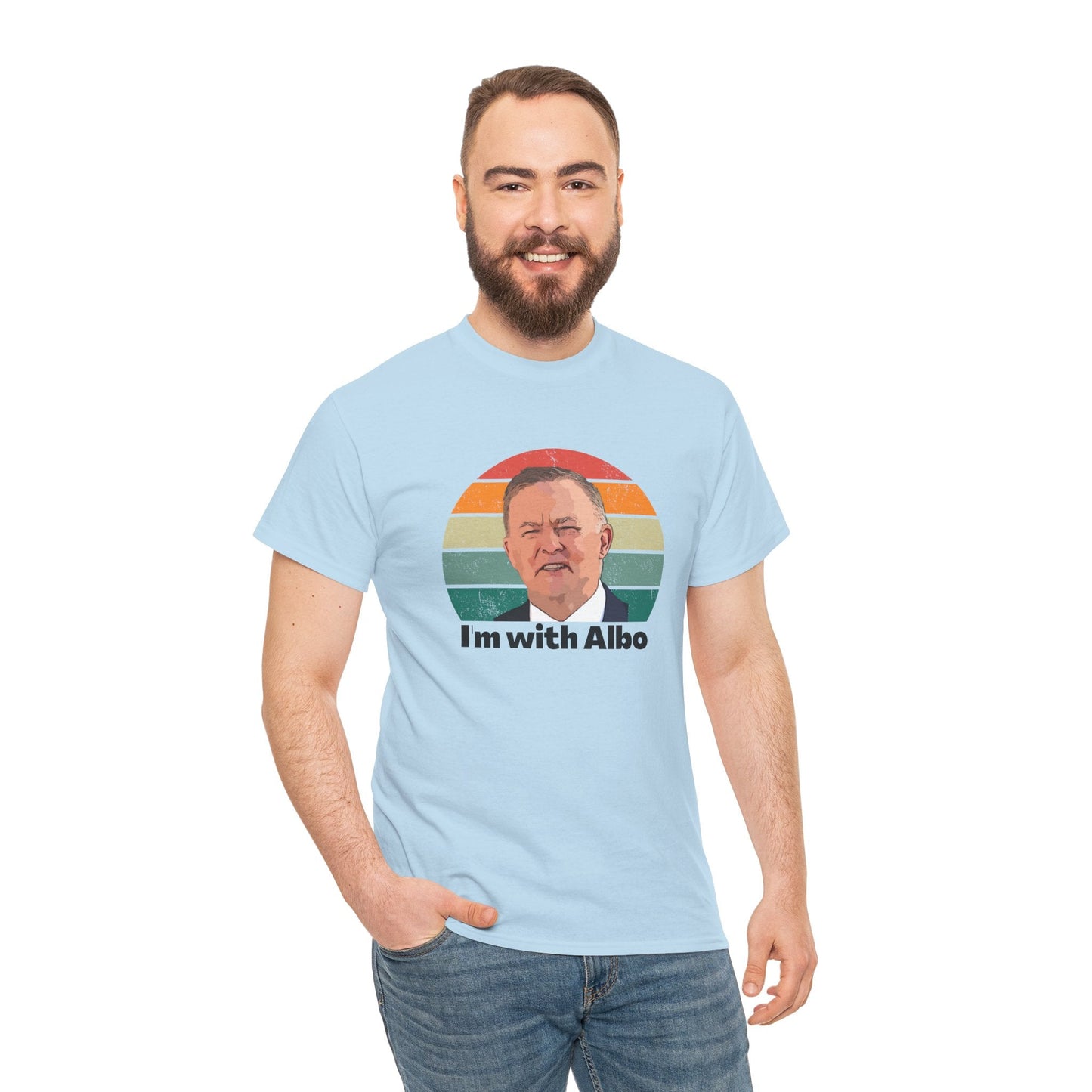 Anthony Albanese election supporter t-shirt with 'I'm with Albo' text, ideal for Labor voters and campaign rallies.