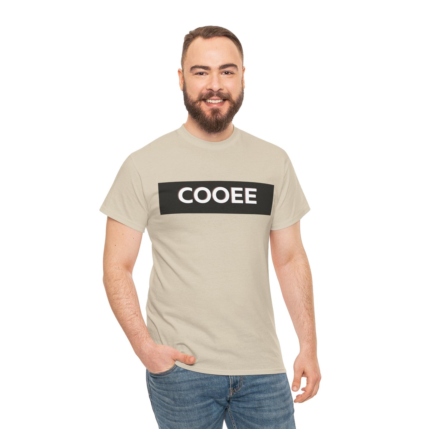 Minimalist t-shirt with bold "Cooee" Aussie design