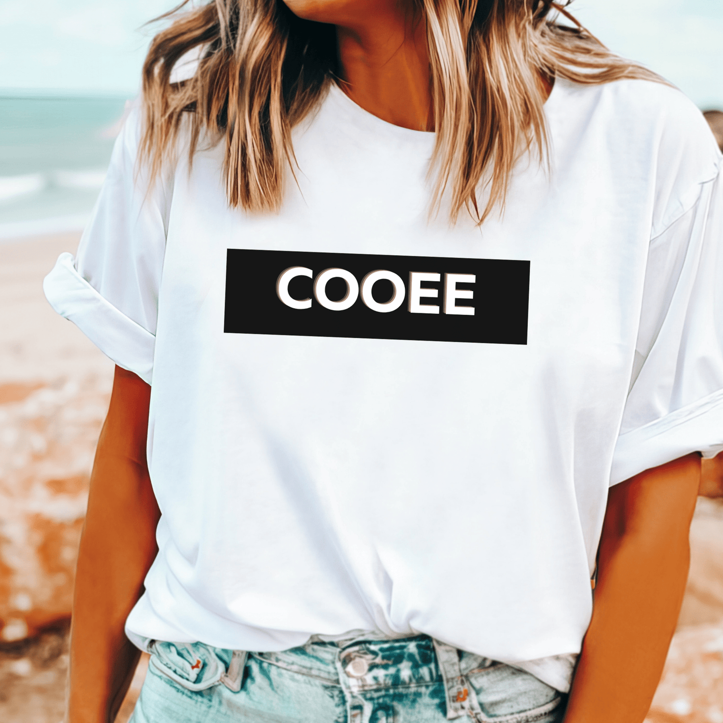 "Cooee" Aussie slang t-shirt with bold outback-style text