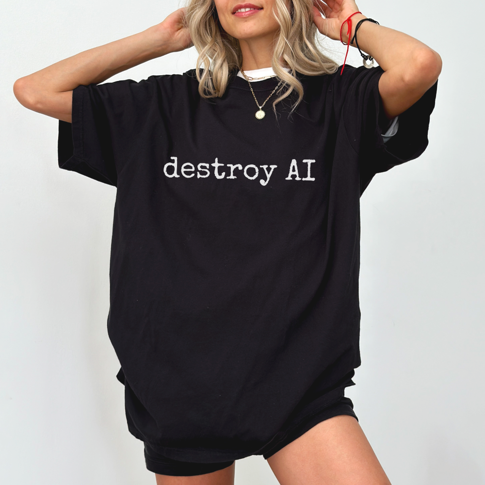 Funny 'Destroy AI' t-shirt in vintage typewriter font – a witty take on the tech takeover on black shirt