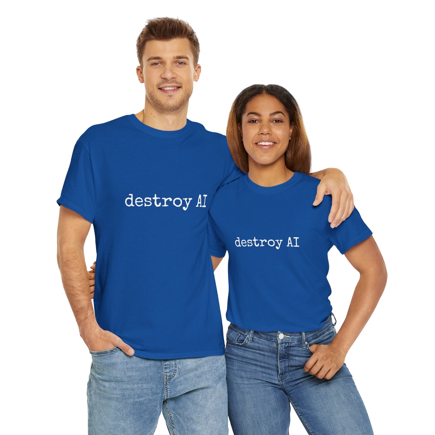 Soft cotton tee with "Destroy AI" in typewriter font – quirky gift idea from Australia