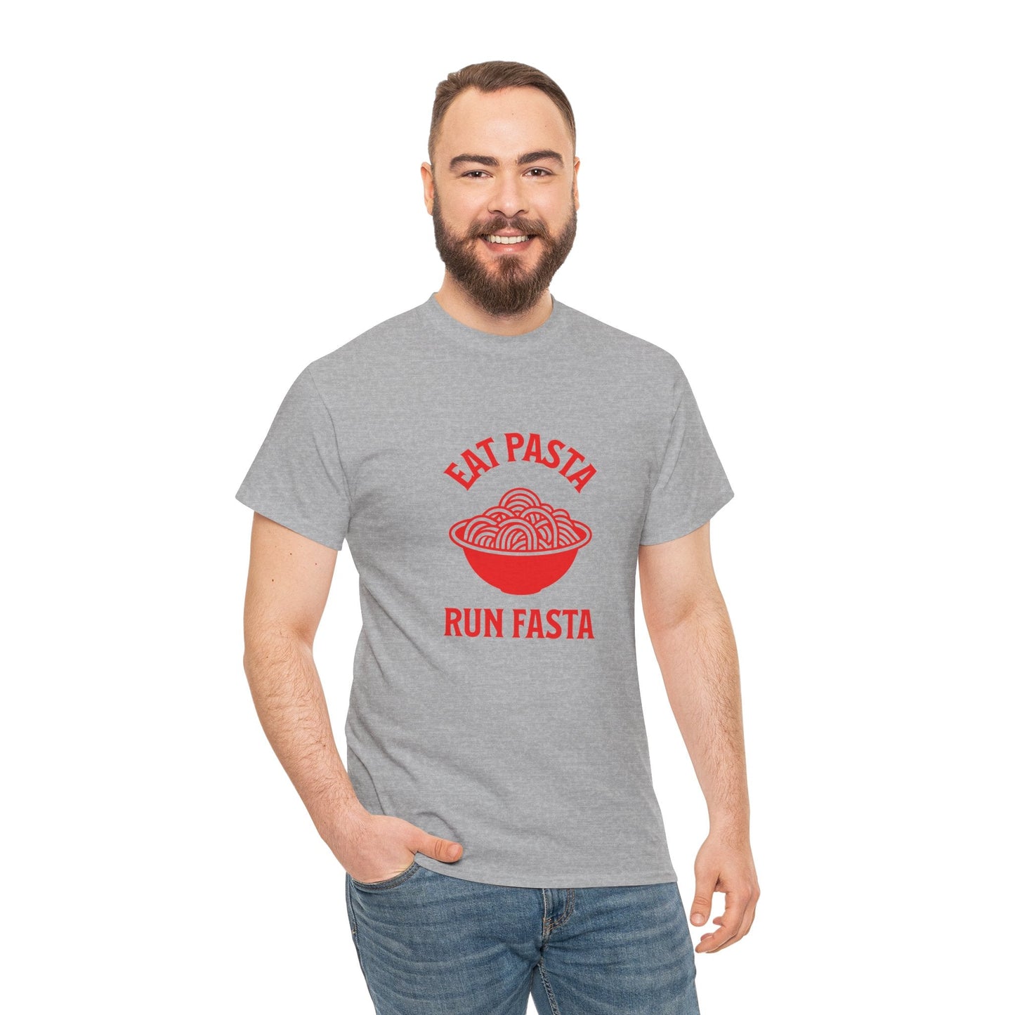 ‘Eat Pasta Run Fasta’ t-shirt, ideal for runners and pasta lovers who enjoy a little fun motivation.