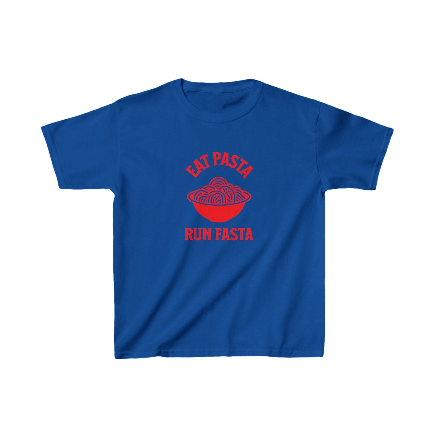 Quirky and cute kids shirt with Eat Pasta, Run Fasta phrase