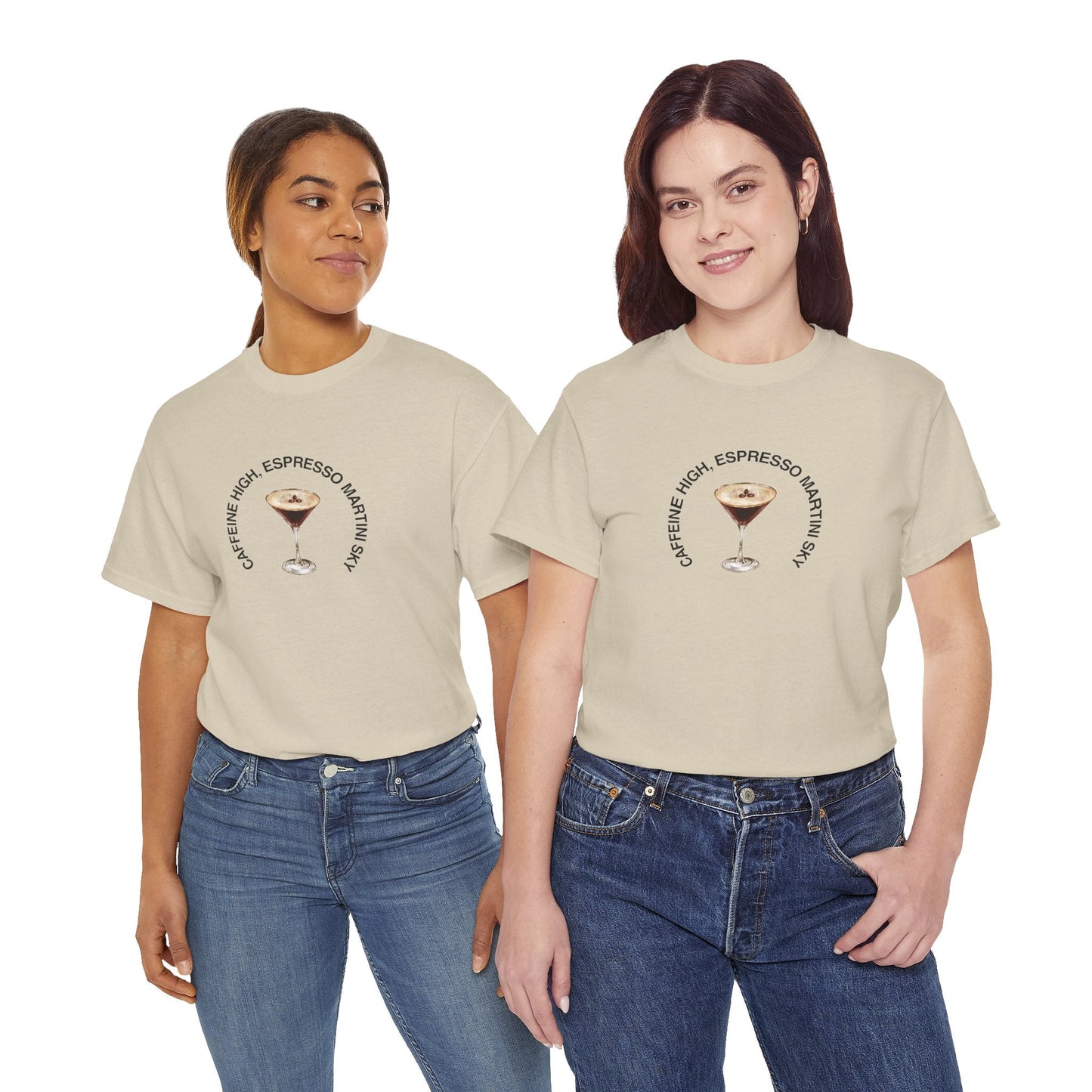 Espresso martini lovers unite with the 'Caffeine High, Espresso Martini Sky' t-shirt—ideal for coffee cocktail fans