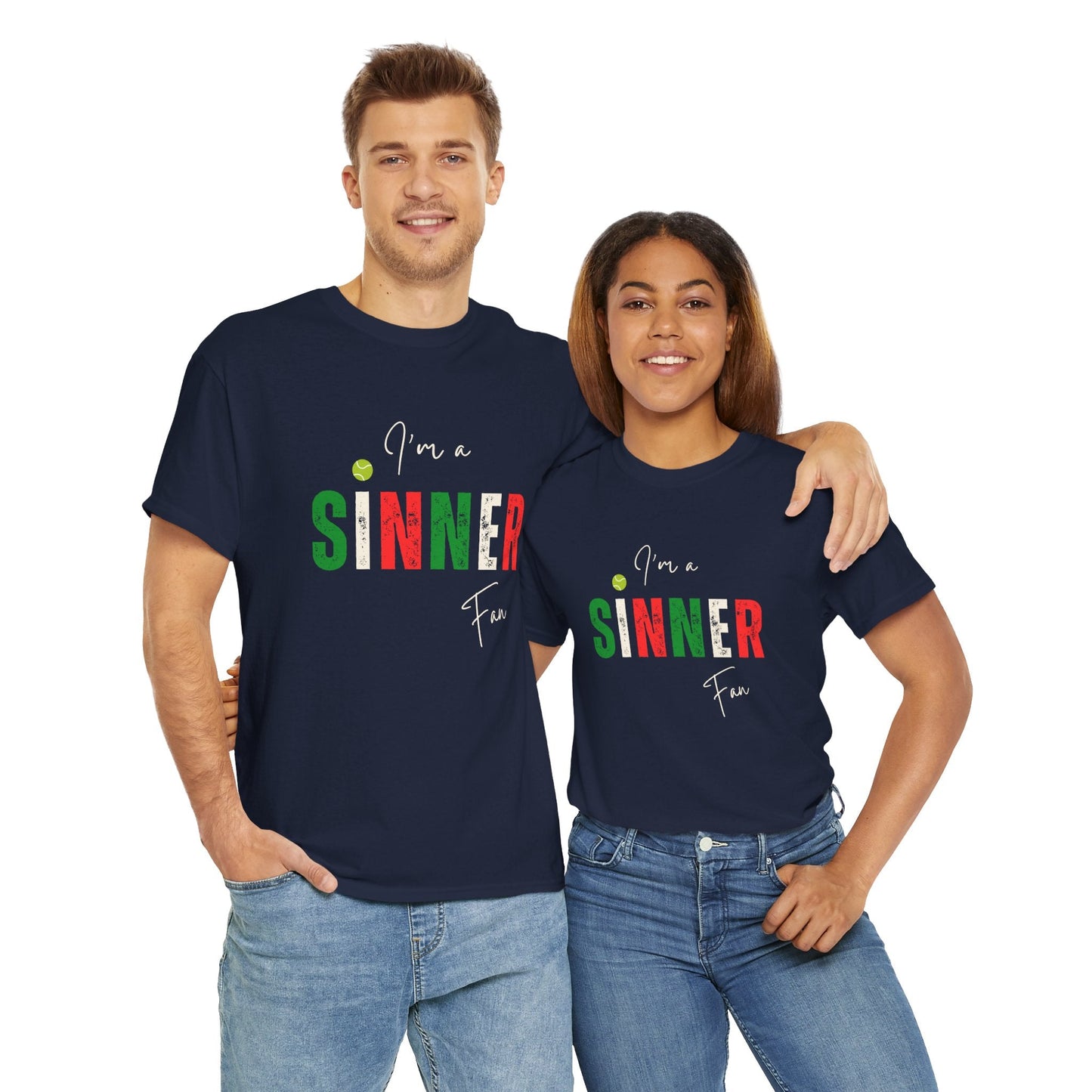 Bold text tennis tee backing Italian champion Jannik Sinner