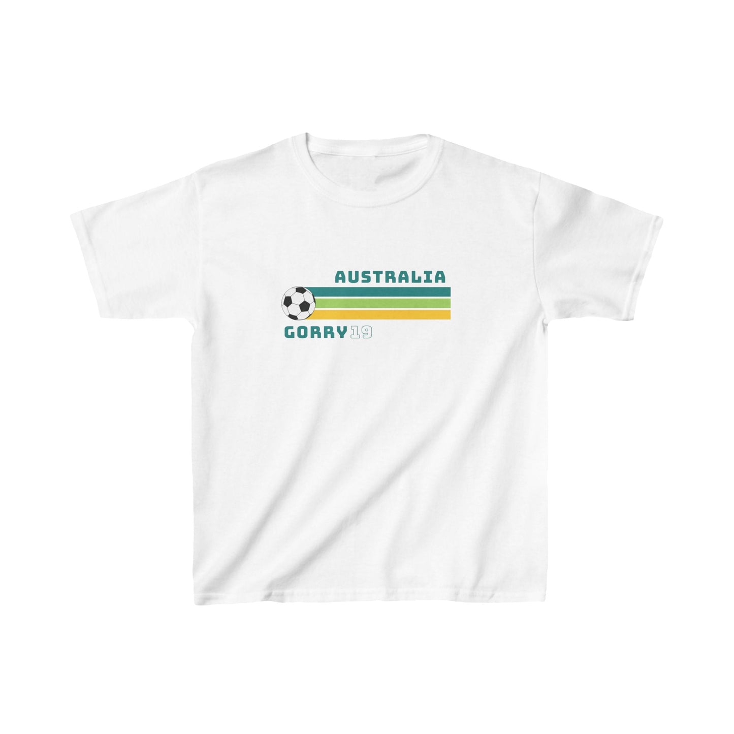 Kids Matildas retro t-shirt with Katrina Gorry name and number in Aussie green and gold