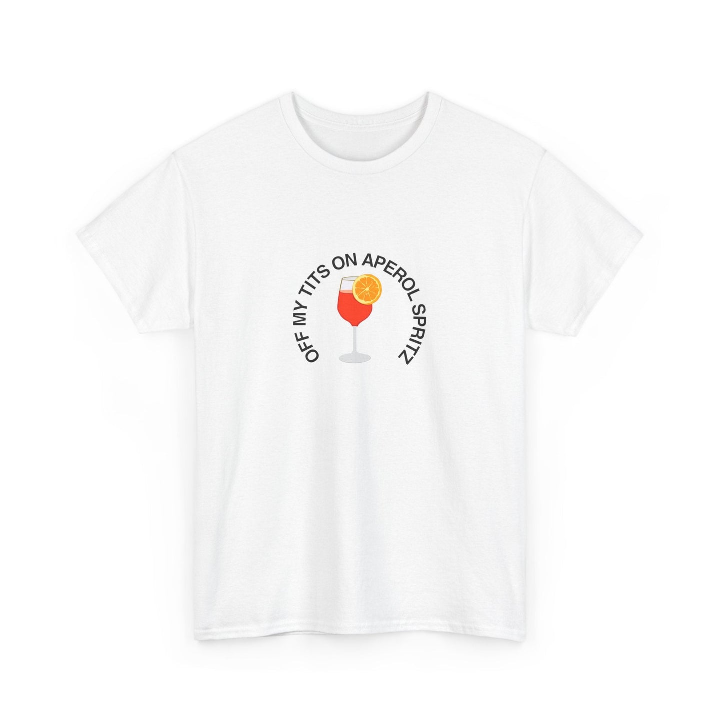 Celebrate cocktail culture with this 'Off my tits on Aperol Spritz' t-shirt—featuring an Aperol Spritz design.