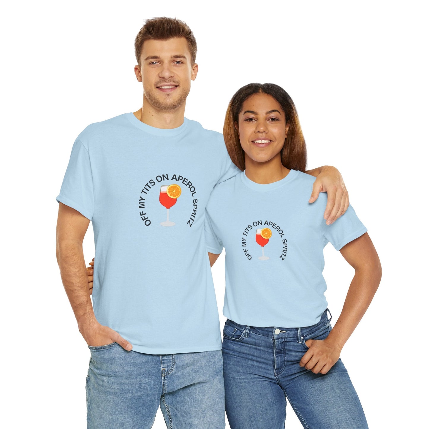 Funny 'Off my tits on Aperol Spritz' t-shirt—ideal for cocktail lovers, featuring a vibrant Aperol Spritz design.
