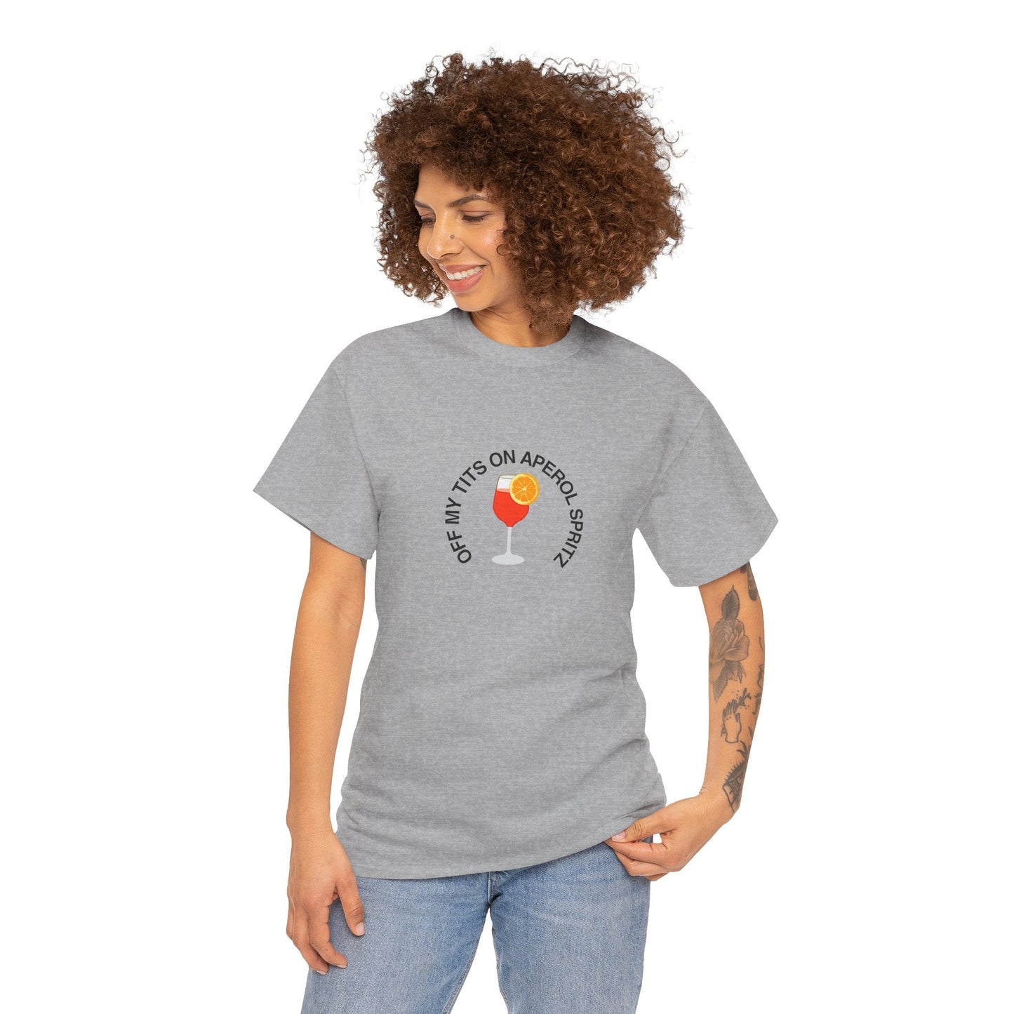 For Aperol Spritz fans—'Off my tits on Aperol Spritz' t-shirt with cocktail graphic, perfect for a good time.