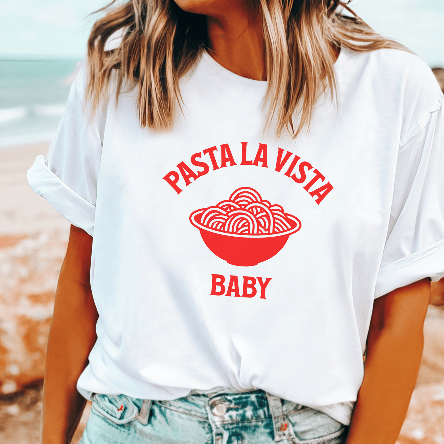 Pasta La Vista Baby' t-shirt, funny food pun tee for pasta lovers, Italian food fans, and movie quote enthusiasts