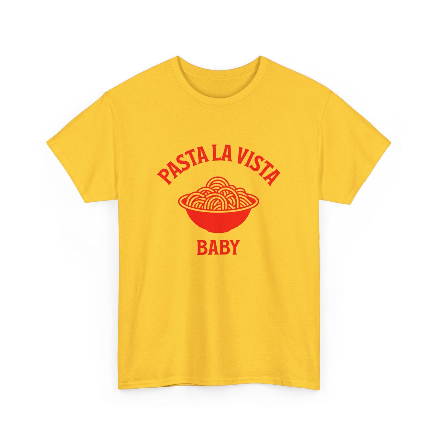 Funny pasta pun t-shirt with 'Pasta La Vista Baby' slogan, perfect for Italian food lovers and movie quote fans.