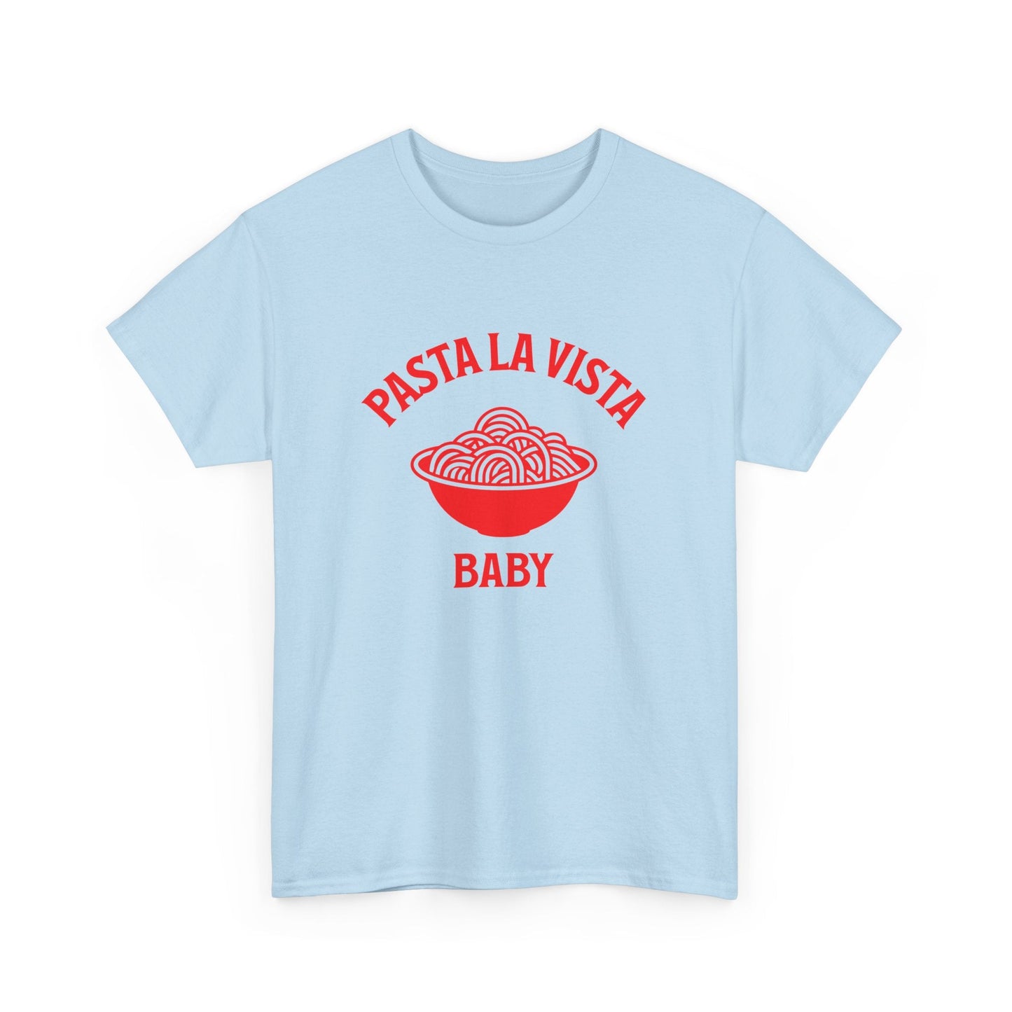 Retro-style 'Pasta La Vista Baby' t-shirt, fun and playful design for pasta lovers and food pun enthusiasts