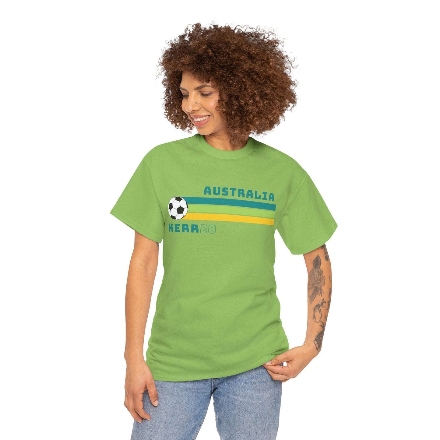Green retro Sam Kerr Matildas t-shirt with name and number, perfect for cheering Australia on in the Asia Cup or World Cup