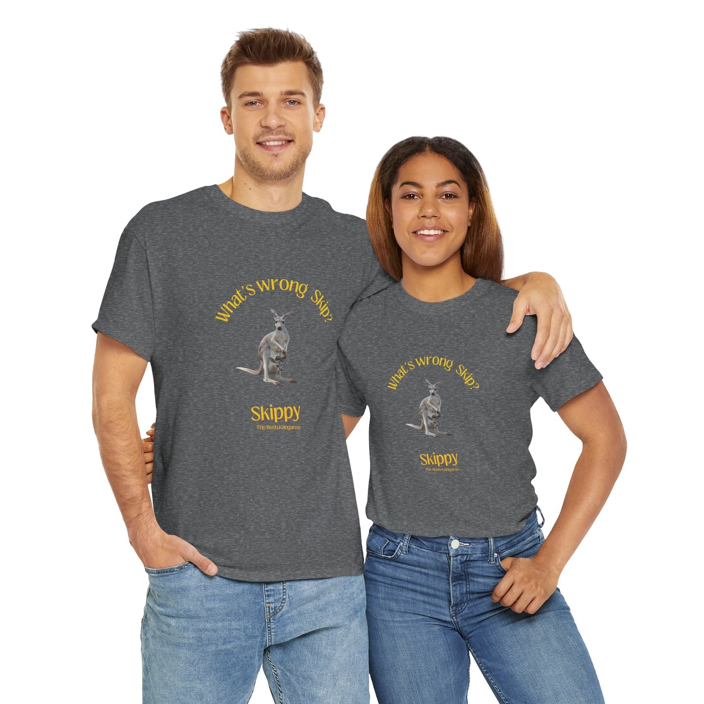 Iconic Aussie pop culture t-shirt featuring the memorable phrase 'What’s wrong, Skip?' from Skippy.