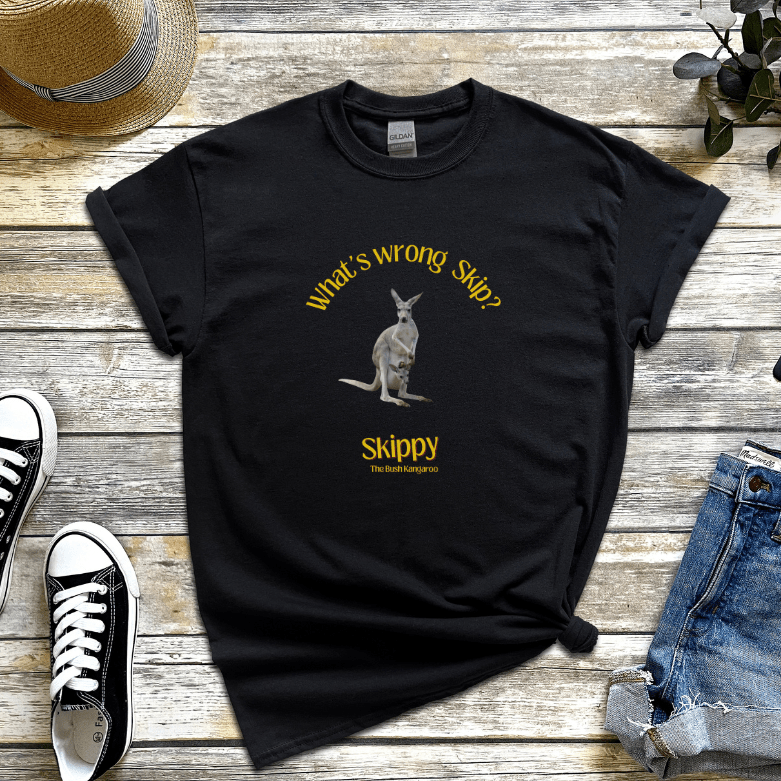 "'What’s wrong, Skip?' t-shirt inspired by the classic Aussie TV show Skippy the Bush Kangaroo.