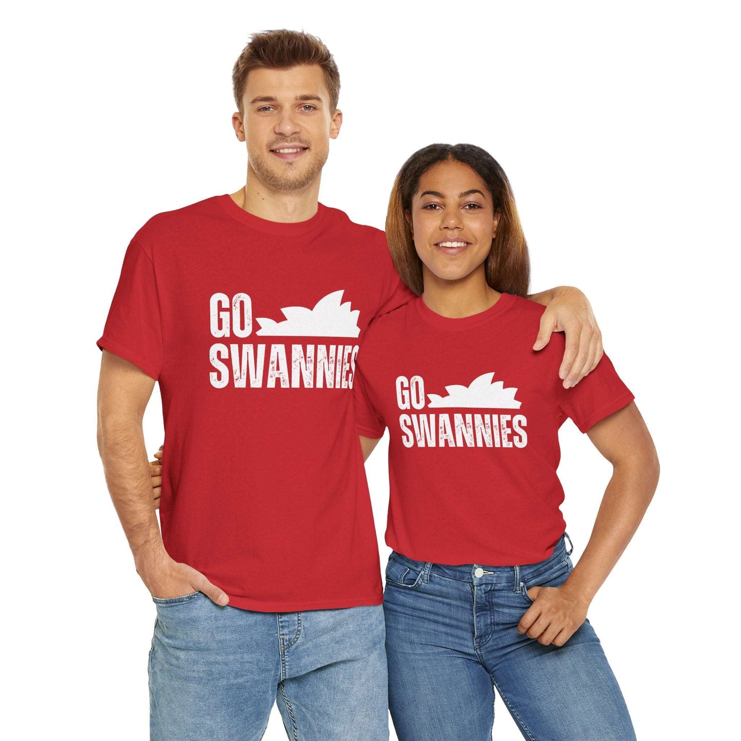 Swans fan tee with Go Swannies text – ideal for game day and barbies