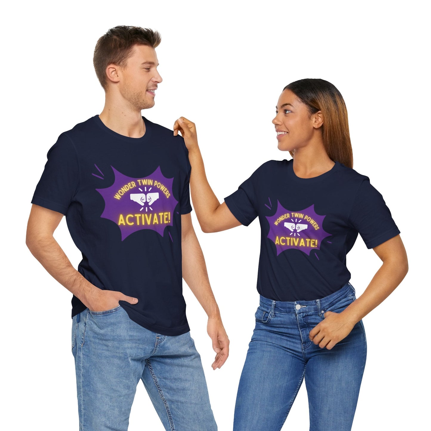 Show off your twin power with the 'Wonder Twin Powers Activate' t-shirt, perfect for dynamic duos