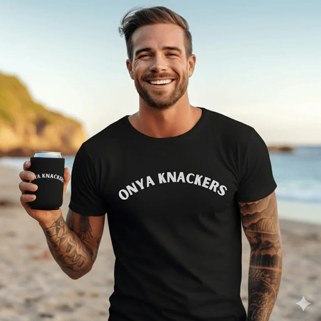 Onya Knackers matching black t-shirt and stubby holder for aussie slang lovers