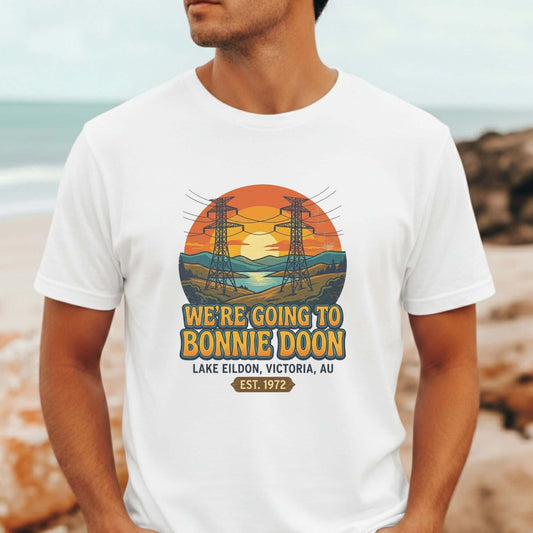 Man wearing a funny Australian t-shirt with a Were all going to Bonnie Doon design from The Castle