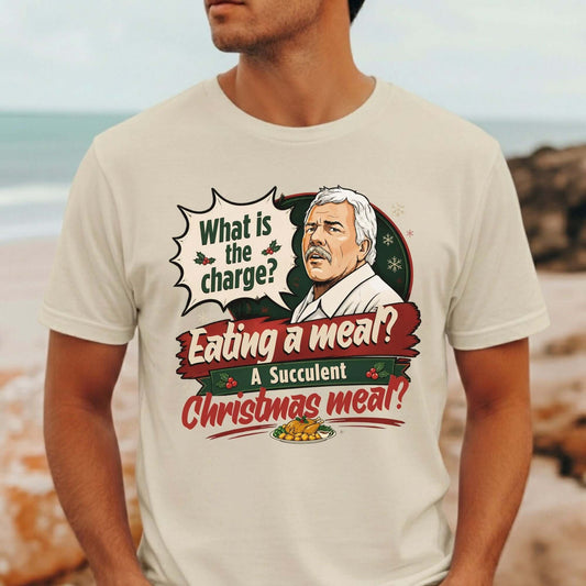 Man on an Australian beach wearing a funny Succulent Christmas Meal t-shirt, a funny Christmas gift idea