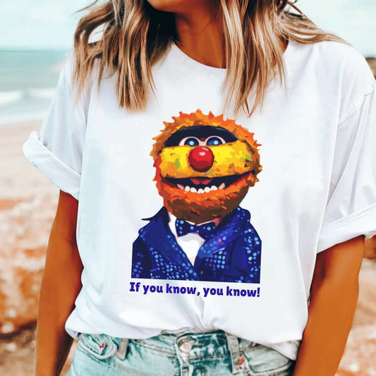 Agro cartoon on white T-shirt on woman that says "If you know, you know!"